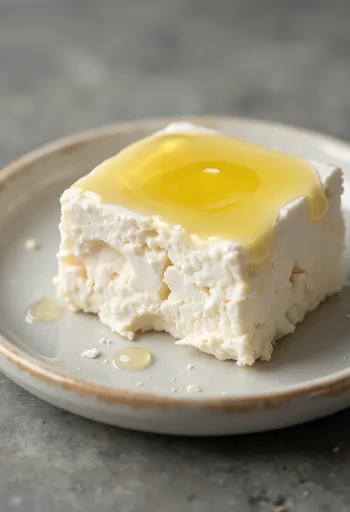 Queso feta cortado en cubos y desmigado sobre tabla de madera