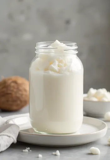 Aceite de coco refinado sólido en cuenco, junto a coco rallado
