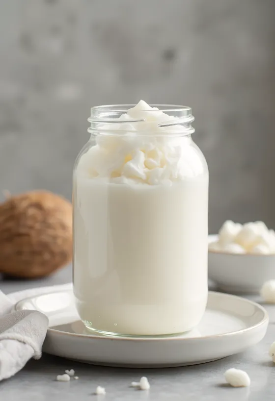 Aceite de coco refinado sólido en cuenco, junto a coco rallado