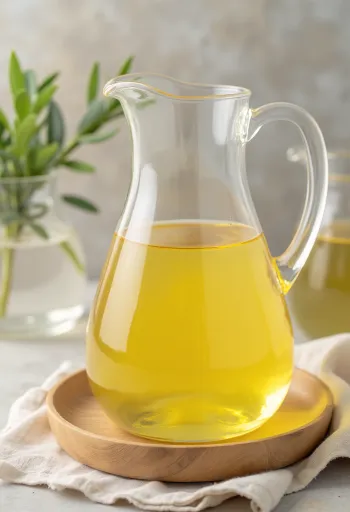 Aceite de palma refinado en cuenco junto a fruto de palma procesado