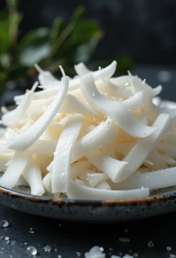 Chips de coco fresco en láminas naturales sobre fondo blanco