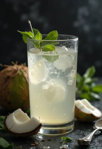 Agua de coco fresca en vaso transparente junto a trozo de cáscara de coco