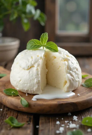 Bola de mozzarella fresca de vaca en cuenco blanco