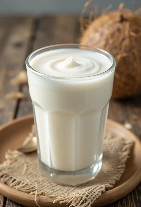 Leche de coco recién prensada en cuenco de cristal, blanca y cremosa