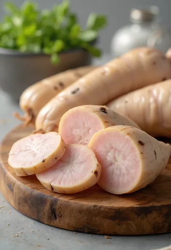 Rizoma de galanga fresco cortado en rodajas y juliana en cuenco