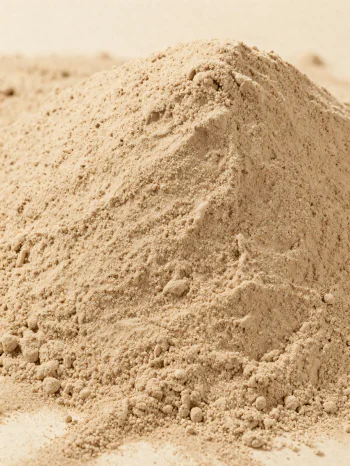 Harina de castaña marrón claro en cuenco rústico sobre superficie de madera