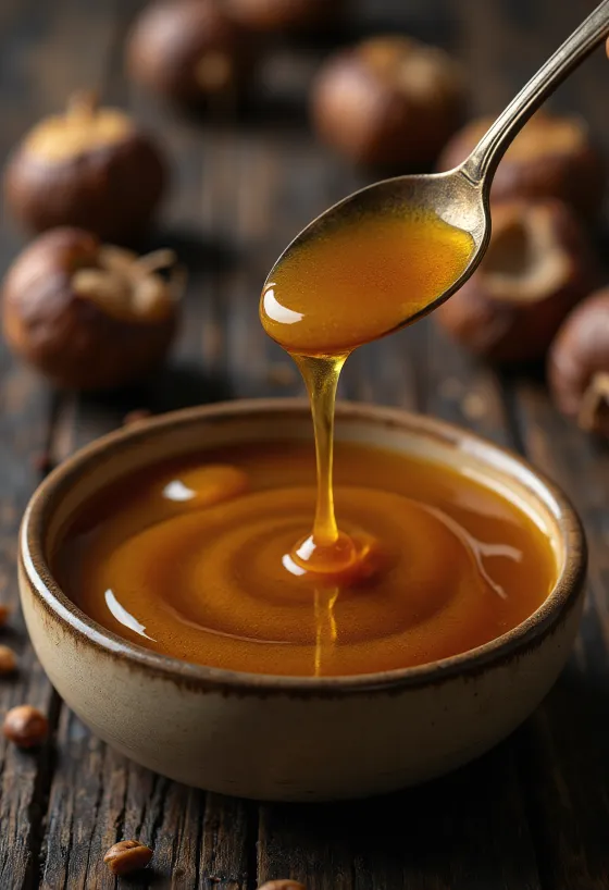 Miel de castaño oscura en tarro, con cuchara mielera y flores