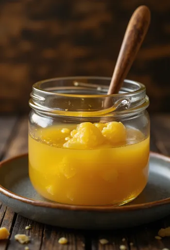 Tarro de Ghee dorado con cuchara de madera