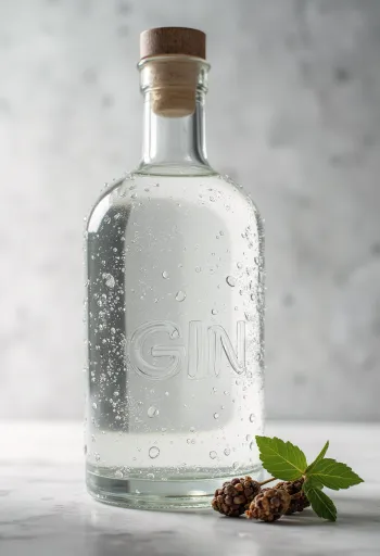 Botella de ginebra y copa con hielo rodeada de bayas de enebro y especias