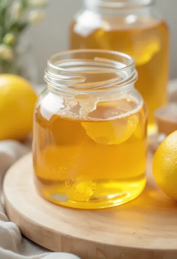 Jarabe de glucosa transparente en tarro vertiéndose desde una cuchara