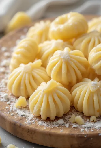 Gnocchi crudos hechos a mano sobre tabla de madera enharinada