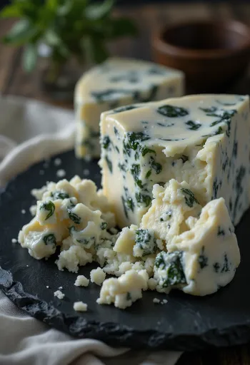 Queso Gorgonzola con vetas azules en bol de cerámica