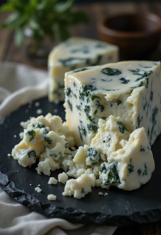 Queso Gorgonzola con vetas azules en bol de cerámica