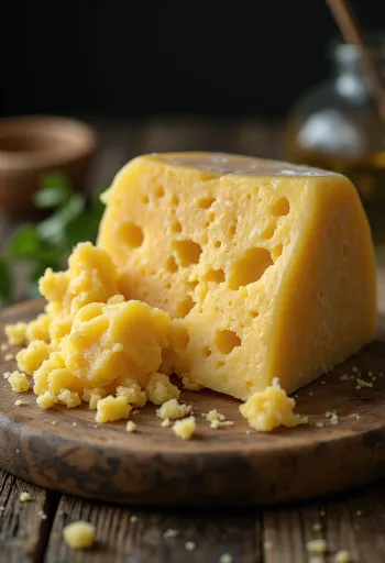 Cuña de Queso Grana Padano de textura granulosa en bol