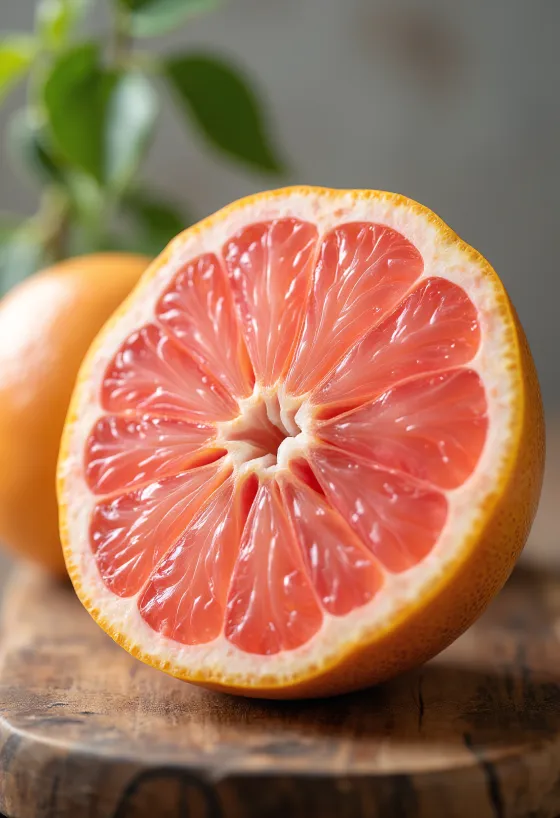 Pomelo fresco cortado por la mitad sobre superficie de madera con hojas verdes