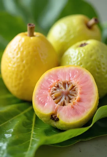Frutas de guayaba frescas cortadas, pulpa rosa y piel verde sobre superficie de madera