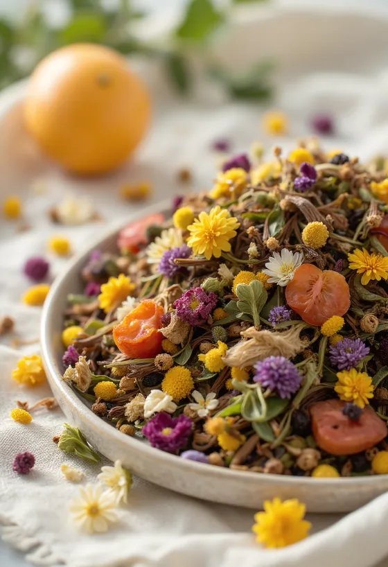 Mezcla de hierbas secas para infusión en cuenco con cuchara de madera