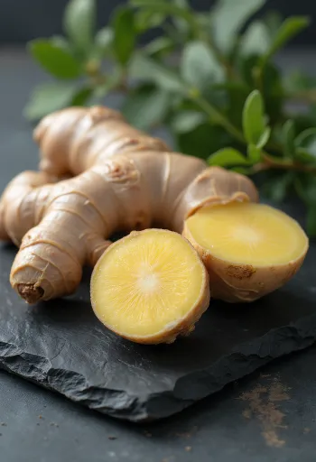 Jengibre fresco y rodajas sobre tabla de cocina