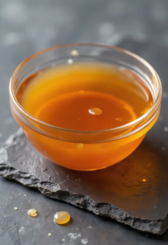 Cuenco con salsa de pescado ámbar, anchoas, sal y tinajas de fondo