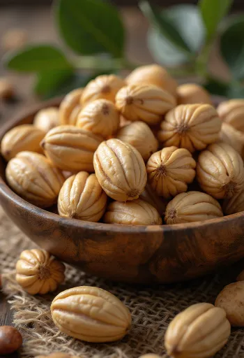 Nueces de Brasil peladas en montón, fondo claro, con restos de piel marrón