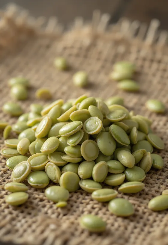 Semillas de cáñamo peladas en primer plano, esparcidas sobre superficie clara