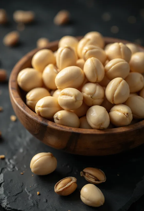 Nueces de macadamia peladas en montículo natural sobre fondo blanco