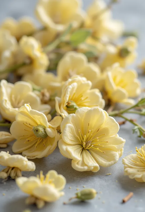Flores de tila secas en cuenco de madera y esparcidas