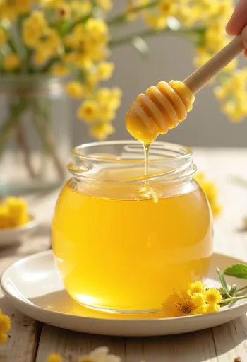 Miel de tilo en tarro, con cuchara mielera y flores de tilo