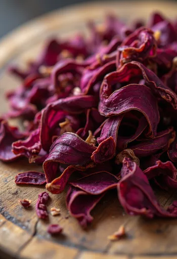 Pétalos de hibisco secos en cuenco de cerámica y esparcidos con cuchara