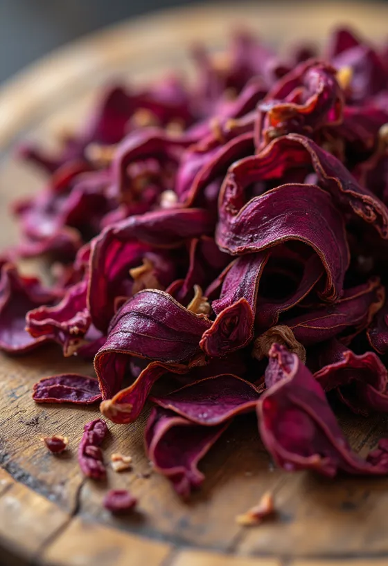Pétalos de hibisco secos en cuenco de cerámica y esparcidos con cuchara
