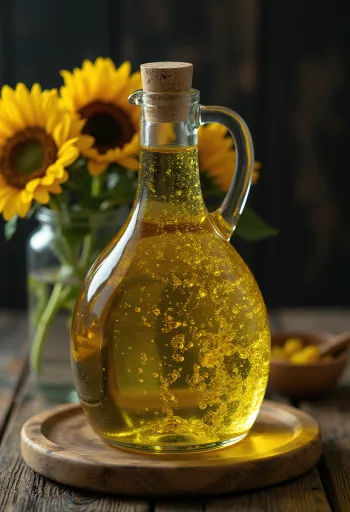Aceite de girasol virgen en cuenco con semillas y pétalos