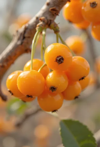 Bayas naranjas de espino amarillo en rama, sobre superficie rústica