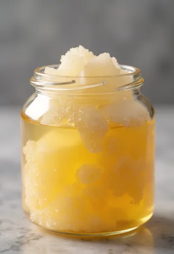 Azúcar invertido líquido en tarro de cristal cayendo de una cuchara