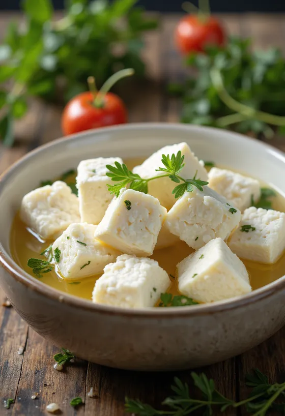 Bloque de Queso Feta de oveja fresco en bol de cerámica