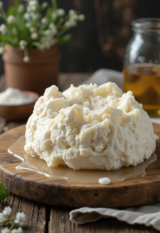 Queso fresco de oveja cortado en tabla de madera