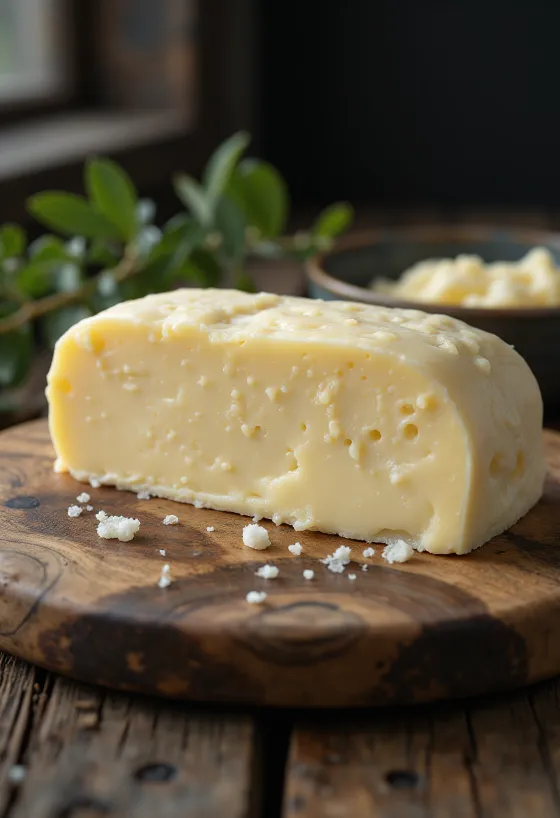 Mantequilla de oveja cremosa en recipiente rústico sobre madera