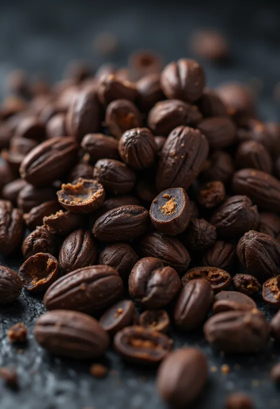 Nibs de cacao en cuenco pequeño junto a trozos de cacao sobre fondo de madera rústica