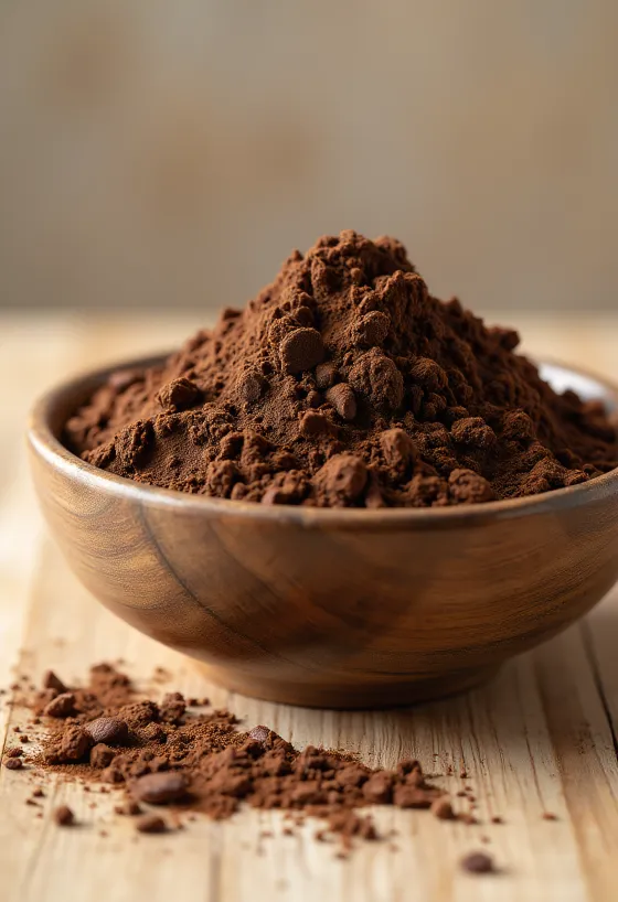 Cacao en polvo en cuenco y esparcido con cuchara de madera sobre superficie clara