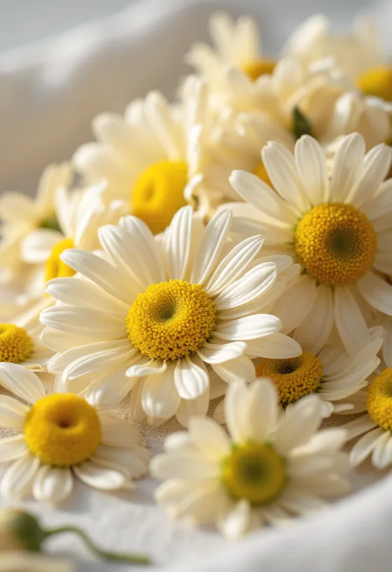 Flores de manzanilla secas en cuenco y esparcidas sobre superficie de cocina con cuchara de madera