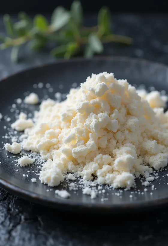 Polvo de carragenano en frasco y cuchara sobre superficie clara