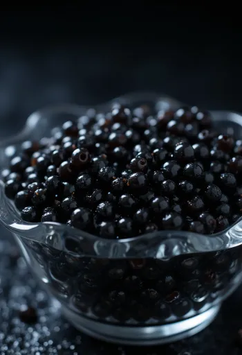 Caviar negro servido en recipiente elegante o cuchara de nácar, ingrediente de lujo