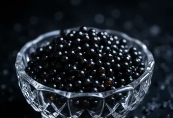 Caviar negro servido en recipiente elegante o cuchara de nácar, ingrediente de lujo