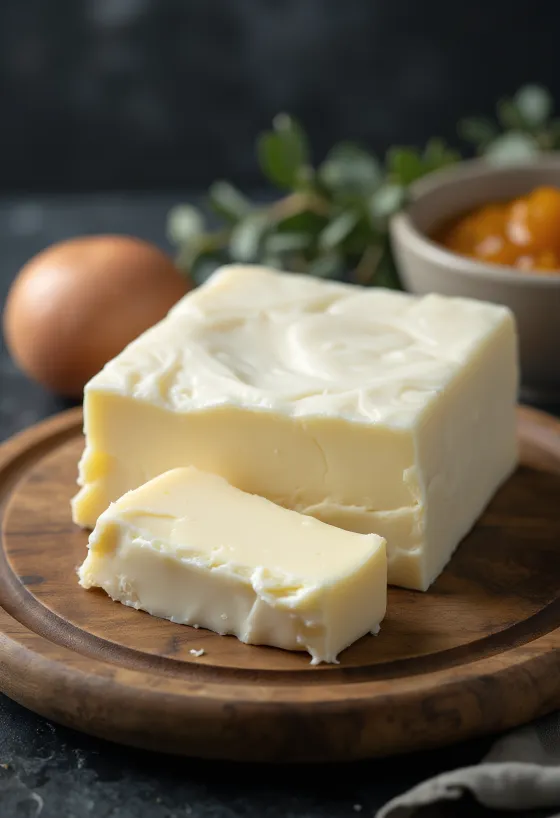 Mantequilla de cabra blanca en cuenco de cerámica sobre madera