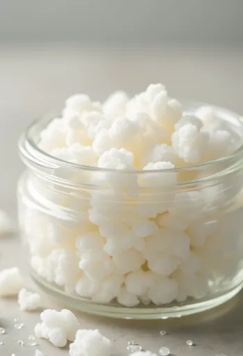 Nódulos de kéfir frescos en cuenco de madera junto a leche y utensilios