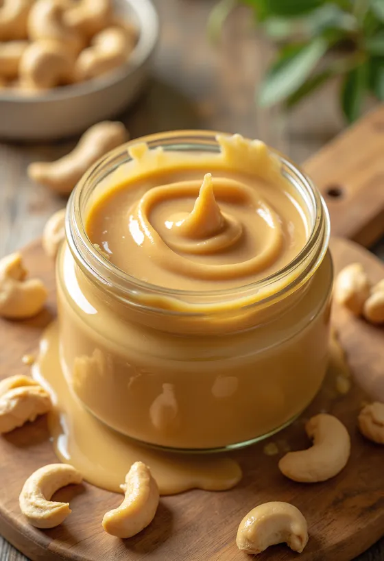 Crema de anacardos en tarro, cuchara y anacardos enteros sobre madera