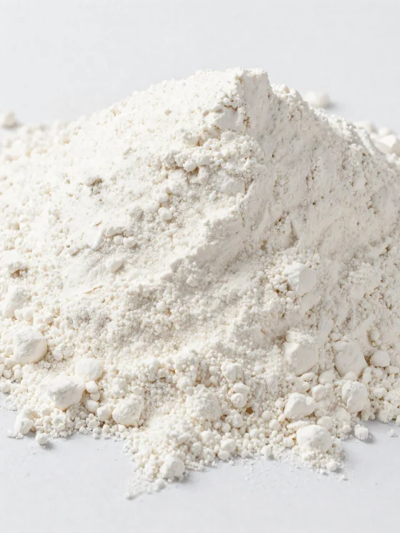 Harina de coco en cuenco de cerámica, polvo fino de color claro sobre madera