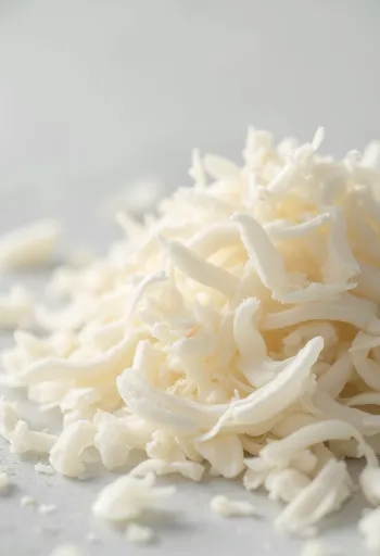 Coco rallado en cuenco pequeño y esparcido sobre superficie clara