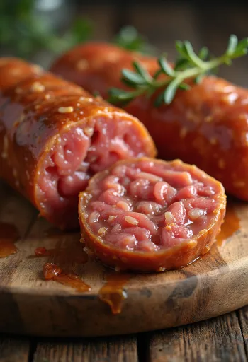 Embutido seco en rodajas sobre tabla de madera, textura especiada y veteada