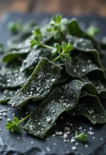 Láminas de alga kombu seca sobre madera, con un trozo hidratado en cuenco