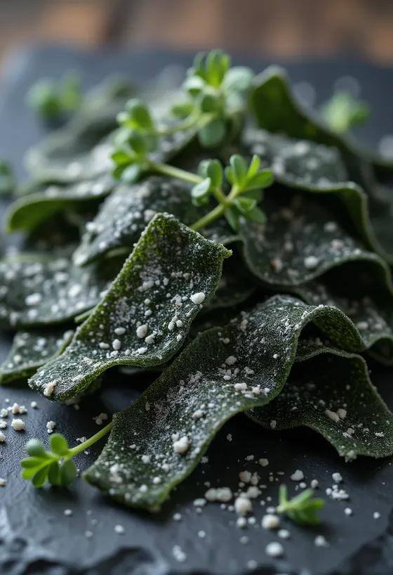 Láminas de alga kombu seca sobre madera, con un trozo hidratado en cuenco